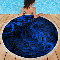 New Zealand Crocodile Tattoo and Fern Beach Blanket Maori Pattern Blue Color LT03 - Polynesian Pride