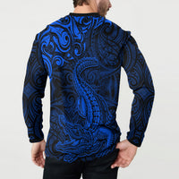 New Zealand Crocodile Tattoo and Fern Button Sweatshirt Maori Pattern Blue Color LT03 - Polynesian Pride