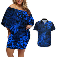 New Zealand Crocodile Tattoo and Fern Couples Matching Off Shoulder Short Dress and Hawaiian Shirt Maori Pattern Blue Color LT03 Blue - Polynesian Pride