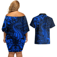 New Zealand Crocodile Tattoo and Fern Couples Matching Off Shoulder Short Dress and Hawaiian Shirt Maori Pattern Blue Color LT03 - Polynesian Pride