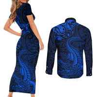 New Zealand Crocodile Tattoo and Fern Couples Matching Short Sleeve Bodycon Dress and Long Sleeve Button Shirt Maori Pattern Blue Color