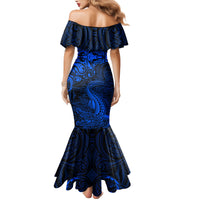New Zealand Crocodile Tattoo and Fern Family Matching Mermaid Dress and Hawaiian Shirt Maori Pattern Blue Color