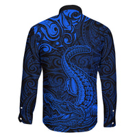 New Zealand Crocodile Tattoo and Fern Family Matching Off Shoulder Maxi Dress and Hawaiian Shirt Maori Pattern Blue Color