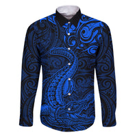 New Zealand Crocodile Tattoo and Fern Family Matching Puletasi and Hawaiian Shirt Maori Pattern Blue Color