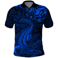 New Zealand Crocodile Tattoo and Fern Polo Shirt Maori Pattern Blue Color