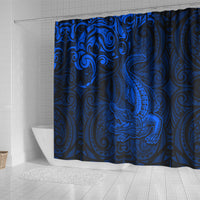 New Zealand Crocodile Tattoo and Fern Shower Curtain Maori Pattern Blue Color