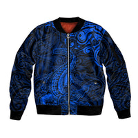 New Zealand Crocodile Tattoo and Fern Sleeve Zip Bomber Jacket Maori Pattern Blue Color LT03 Unisex Blue - Polynesian Pride