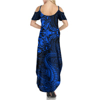 New Zealand Crocodile Tattoo and Fern Summer Maxi Dress Maori Pattern Blue Color LT03 - Polynesian Pride