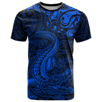 New Zealand Crocodile Tattoo and Fern T Shirt Maori Pattern Blue Color