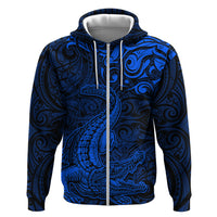 New Zealand Crocodile Tattoo and Fern Zip Hoodie Maori Pattern Blue Color
