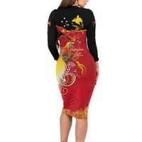 Papua New Guinea Independence Day Long Sleeve Bodycon Dress Happy Anniversary 50th Bird-of-paradise Melanesian Tattoos - Polynesian Pride