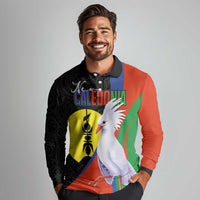 New Caledonia Long Sleeve Polo Shirt Kagu Bird and The Seal with Melanesian Culture - Polynesian Pride