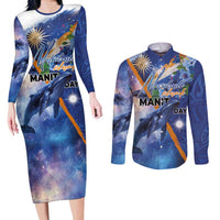 Marshall Islands Manit Day Couples Matching Long Sleeve Bodycon Dress and Long Sleeve Button Shirt Grunge National Flag with Whales and Tribal Tattoos - Polynesian Pride