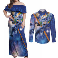 Marshall Islands Manit Day Couples Matching Off Shoulder Maxi Dress and Long Sleeve Button Shirt Grunge National Flag with Whales and Tribal Tattoos - Polynesian Pride