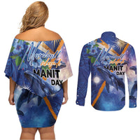 Marshall Islands Manit Day Couples Matching Off Shoulder Short Dress and Long Sleeve Button Shirt Grunge National Flag with Whales and Tribal Tattoos - Polynesian Pride