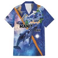 Marshall Islands Manit Day Family Matching Off The Shoulder Long Sleeve Dress and Hawaiian Shirt Grunge National Flag with Whales and Tribal Tattoos - Polynesian Pride