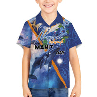 Marshall Islands Manit Day Family Matching Off The Shoulder Long Sleeve Dress and Hawaiian Shirt Grunge National Flag with Whales and Tribal Tattoos - Polynesian Pride