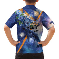 Marshall Islands Manit Day Family Matching Off Shoulder Maxi Dress and Hawaiian Shirt Grunge National Flag with Whales and Tribal Tattoos - Polynesian Pride