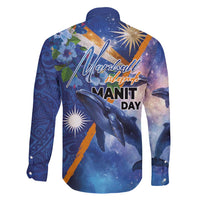Marshall Islands Manit Day Family Matching Off Shoulder Short Dress and Hawaiian Shirt Grunge National Flag with Whales and Tribal Tattoos - Polynesian Pride