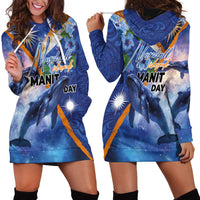 Marshall Islands Manit Day Hoodie Dress Grunge National Flag with Whales and Tribal Tattoos - Polynesian Pride