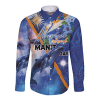 Marshall Islands Manit Day Long Sleeve Button Shirt Grunge National Flag with Whales and Tribal Tattoos - Polynesian Pride