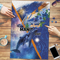 Marshall Islands Manit Day Puzzle Grunge National Flag with Whales and Tribal Tattoos LT03 Blue - Polynesian Pride