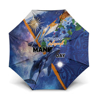 Marshall Islands Manit Day Umbrella Grunge National Flag with Whales and Tribal Tattoos LT03 One Size Folded 11.42 inch Opened Diameter 37.4 inch Blue - Polynesian Pride