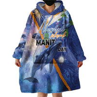 Marshall Islands Manit Day Wearable Blanket Hoodie Grunge National Flag with Whales and Tribal Tattoos - Polynesian Pride
