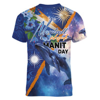 Marshall Islands Manit Day Women V-Neck T-Shirt Grunge National Flag with Whales and Tribal Tattoos - Polynesian Pride