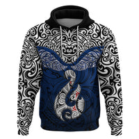 Custom Aotearoa New Zealand Hoodie Silver Fern and Matau with Maori Tribal Blue Style LT03 Pullover Hoodie Blue - Polynesian Pride