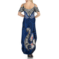 Custom Aotearoa New Zealand Summer Maxi Dress Silver Fern and Matau with Maori Tribal Blue Style LT03 - Polynesian Pride