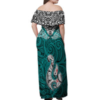 Aotearoa New Zealand Off Shoulder Maxi Dress Silver Fern and Matau with Maori Tribal Turquoise Style LT03 - Polynesian Pride