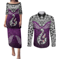 Custom Aotearoa New Zealand Couples Matching Puletasi Dress and Long Sleeve Button Shirts Silver Fern and Matau with Maori Tribal Pink Style LT03 Pink - Polynesian Pride