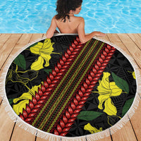 Samoan Culture Beach Blanket Hibiscus and Ula Fala with Tapa Pattern Black Color