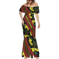 Samoan Culture Mermaid Dress Hibiscus and Ula Fala with Tapa Pattern Black Color