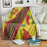 Samoan Culture Blanket Hibiscus and Ula Fala with Tapa Pattern Yellow Color