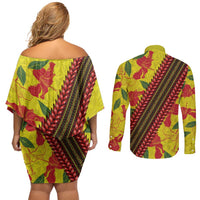 Samoan Culture Couples Matching Off Shoulder Short Dress and Long Sleeve Button Shirt Hibiscus and Ula Fala with Tapa Pattern YellowColor
