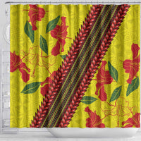 Samoan Culture Shower Curtain Hibiscus and Ula Fala with Tapa Pattern Yellow Color