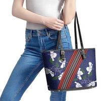 Samoan Culture Leather Tote Bag Hibiscus and Ula Fala with Tapa Pattern Blue Color