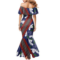 Samoan Culture Mermaid Dress Hibiscus and Ula Fala with Tapa Pattern Blue Color