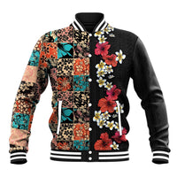 Hawaiian Hibiscus and Tropical Leaves Baseball Jacket Patchwork Grunge Abstract Vintage Style LT03 Unisex Black - Polynesian Pride