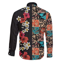 Hawaiian Hibiscus and Tropical Leaves Family Matching Off Shoulder Short Dress and Hawaiian Shirt Patchwork Grunge Abstract Vintage Style