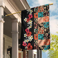 Hawaiian Hibiscus and Tropical Leaves Garden Flag Patchwork Grunge Abstract Vintage Style LT03 House Flag Black - Polynesian Pride