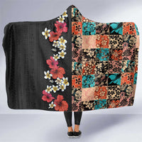 Hawaiian Hibiscus and Tropical Leaves Hooded Blanket Patchwork Grunge Abstract Vintage Style LT03 One Size Black - Polynesian Pride