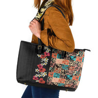 Hawaiian Hibiscus and Tropical Leaves Leather Tote Bag Patchwork Grunge Abstract Vintage Style LT03 Black - Polynesian Pride