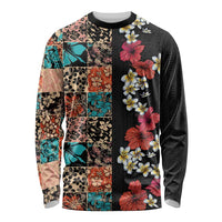 Hawaiian Hibiscus and Tropical Leaves Long Sleeve Shirt Patchwork Grunge Abstract Vintage Style