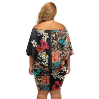 Hawaiian Hibiscus and Tropical Leaves Off Shoulder Short Dress Patchwork Grunge Abstract Vintage Style LT03 - Polynesian Pride