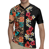 Hawaiian Hibiscus and Tropical Leaves Rugby Jersey Patchwork Grunge Abstract Vintage Style LT03 - Polynesian Pride