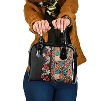 Hawaiian Hibiscus and Tropical Leaves Shoulder Handbag Patchwork Grunge Abstract Vintage Style LT03 One Size Black - Polynesian Pride