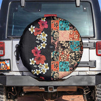 Hawaiian Hibiscus and Tropical Leaves Spare Tire Cover Patchwork Grunge Abstract Vintage Style LT03 Black - Polynesian Pride